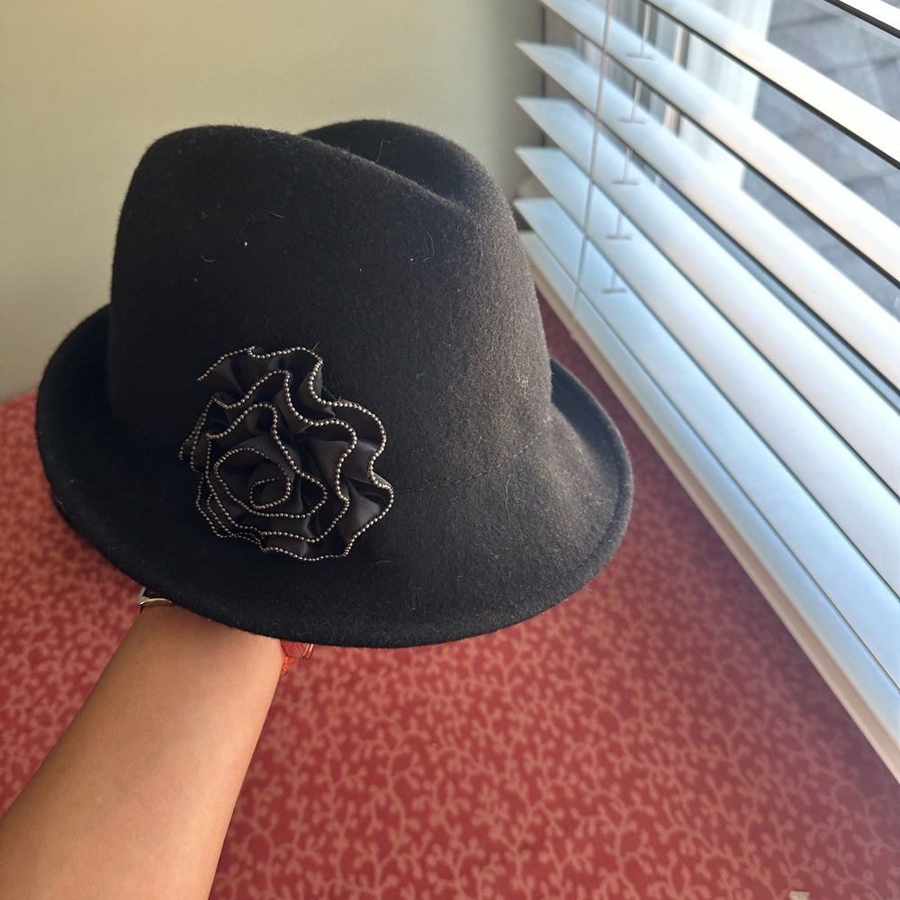 Black Fedora Hat with Floral Accent